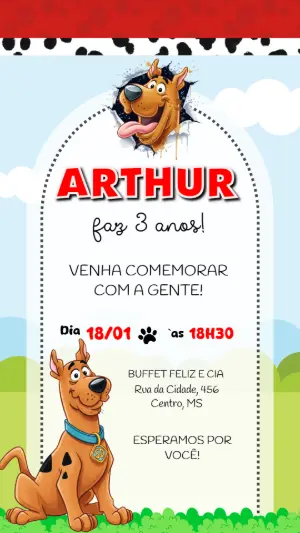 Convite de Aniversário Scooby-Doo Infantil para Editar