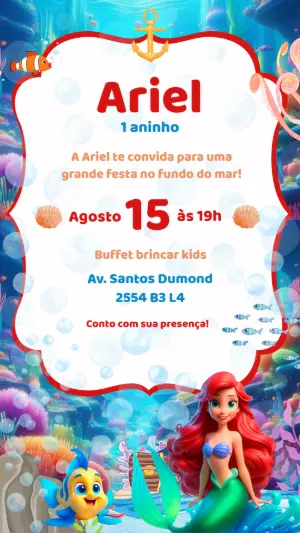 Convite de Aniversário Pequena Sereia Ariel para Editar