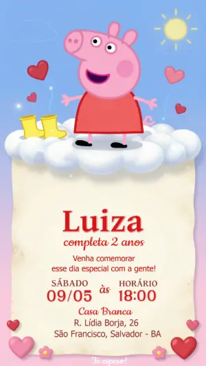 Convite de Aniversário Peppa Pig Fofo e Colorido para Editar