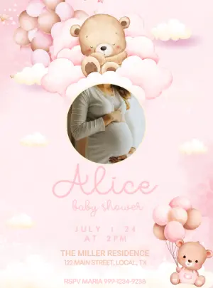 Pink Teddy Bear 1st Birthday Invitation - Editable Template