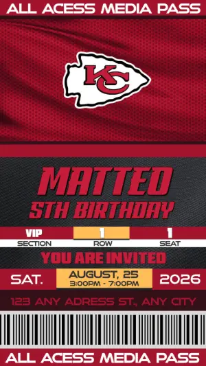 American Football Ticket Birthday Invite NFL Kansas City Chiefs
