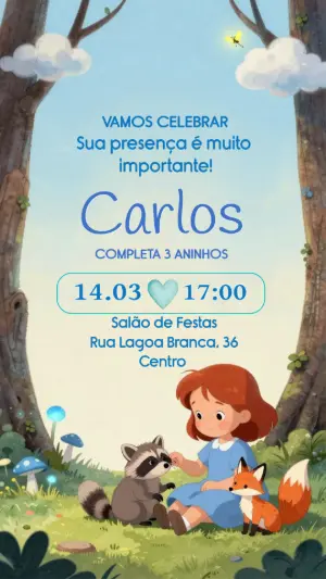 Convite de Aniversário Floresta Encantada com Animais Editável