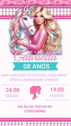Convite de Aniversário Barbie e Unicórnio Rosa para Editar