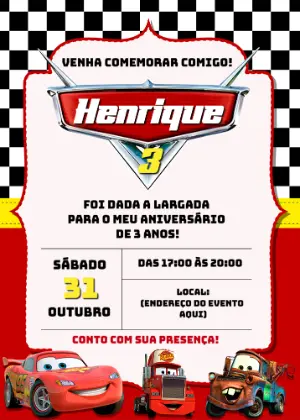 Convite de Aniversário Carros Relâmpago McQueen para Editar