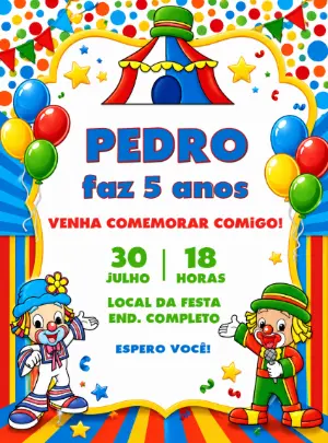 Convite de Aniversário Circo Patati e Patatá Colorido para Editar