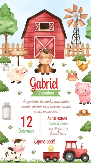 Convite Aniversário Fazendinha com Animais para Editar Online