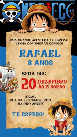 Convite Animado Aniversário One Piece para Editar Online