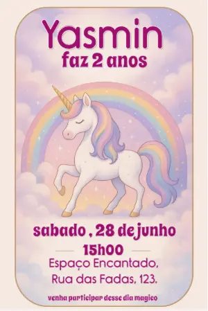 Convite de Aniversário Unicórnio para Editar Online e Imprimir