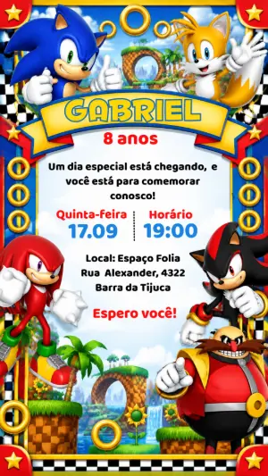 Convite de Aniversário Sonic e Turma: Modelo Digital Editável