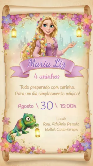 Convite Digital Aniversário Rapunzel Enrolados Modelo Editável