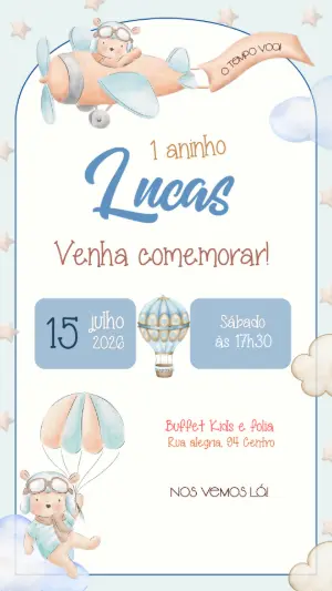Convite de Aniversário Ursinho Aviador Aquarela para Editar