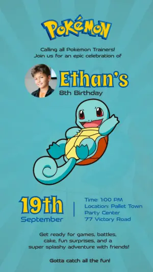 Editable Squirtle Pokémon Birthday Party Invitation