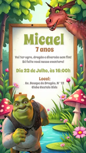 Convite de Aniversário Shrek com Personagens para Editar Online