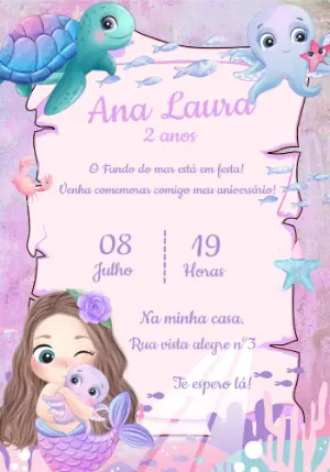 Convite Aniversário Fundo do Mar com Sereia para Editar Online