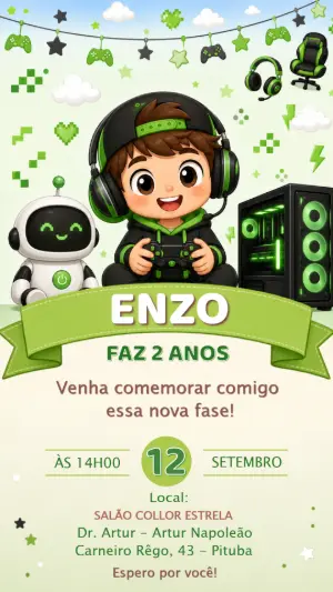 Convite de Aniversário Gamer para Menino: Modelo Editável