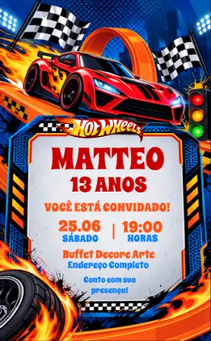 Convite de Aniversário Hot Wheels: Modelo Digital para Editar