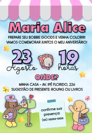 Convite de Aniversário Bobbie Goods Editável com Bichinhos
