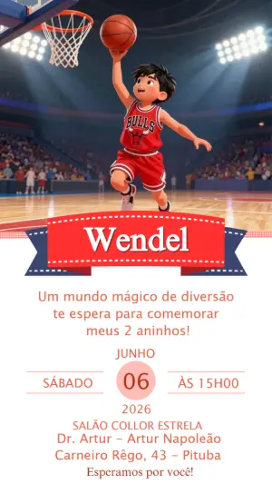 Convite de Aniversário Infantil Tema Basquete para Editar