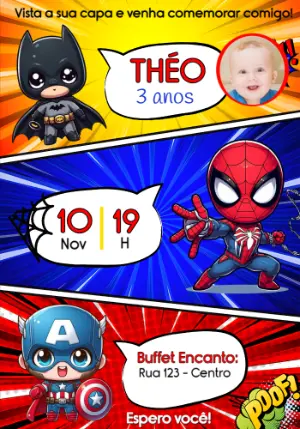 Convite de Aniversário Heróis Gibi Chibi para Editar