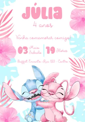 Convite Aniversário Stitch e Angel para Editar Online