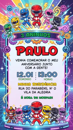 Convite de Aniversário Power Rangers Estilo Gamer Editável