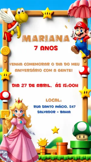 Convite de Aniversário Super Mario com Peach para Editar Online