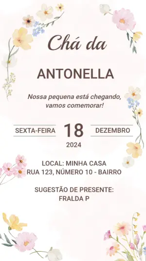 Convite Chá de Bebê Menina Floral Aquarela para Editar