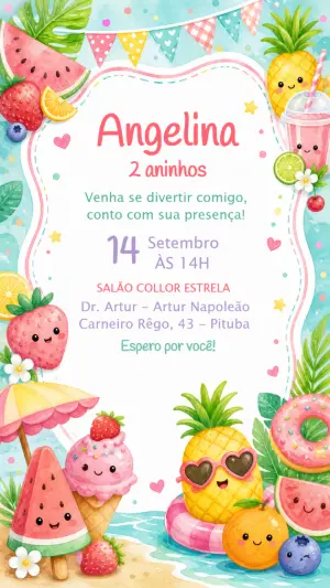 Convite Aniversário Pool Party Salada de Frutas Editável