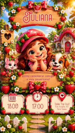 Convite de Aniversário Moranguinho Retrô Editável