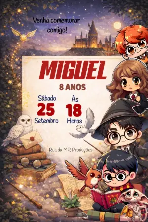 Convite de Aniversário Harry Potter Chibi Editável