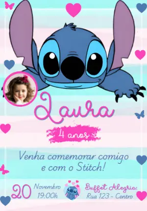 Convite Aniversário Stitch com Foto para Editar Online