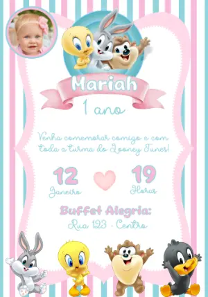 Convite de Aniversário Looney Tunes Baby Rosa e Azul Editável