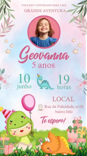 Convite Animado Aniversário Dino Baby Rosa com Foto para Editar