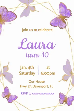 Editable Purple Butterfly Birthday Invitation for Girls