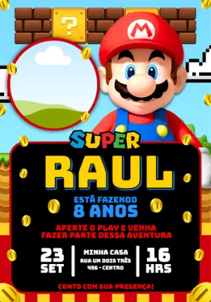 Convite de Aniversário Super Mario Infantil para Editar Online