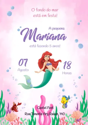 Convite de Aniversário Pequena Sereia para Editar Online