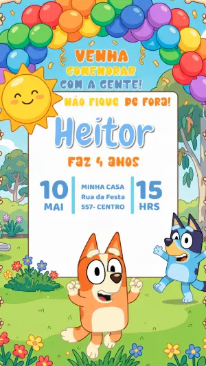 Convite de Aniversário Bluey e Bingo Colorido para Editar