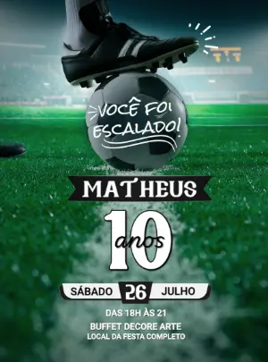 Convite Aniversário Futebol com Bola e Campo para Editar Online