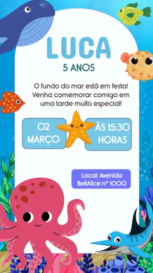Convite de Aniversário Fundo do Mar Infantil para Editar Online