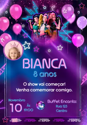Convite Aniversário K-Pop Guerreiras com Foto para Editar Online