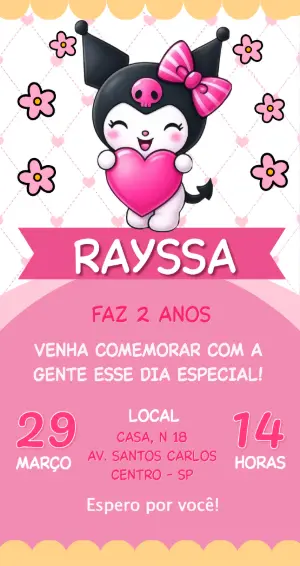 Convite de Aniversário Kuromi Rosa e Preto para Editar