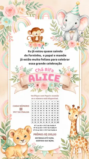 Modelo Editável de Chá Rifa Safari Menina em Tons Pastel
