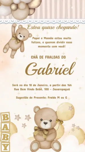Convite Animado Chá de Fraldas Ursinho Fofo para Editar
