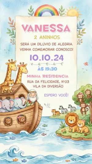 Convite Aniversário Arca de Noé Menina Aquarela Editável