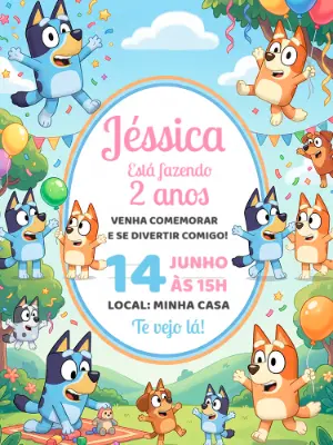 Convite de Aniversário Bluey e Bingo Colorido para Editar