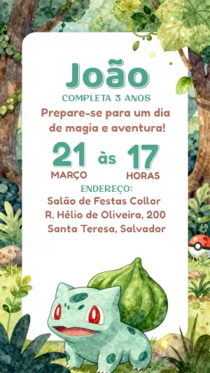 Convite Digital Aniversário Infantil Pokémon Bulbasaur Editável