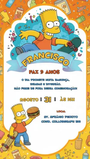 Convite de Aniversário Bart Simpson Modelo Digital para Editar