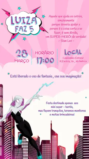 Convite de Aniversário Super-Heroína Rosa Modelo Editável