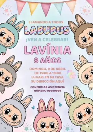 Invitación de Cumpleaños Labubus Colorida para Editar