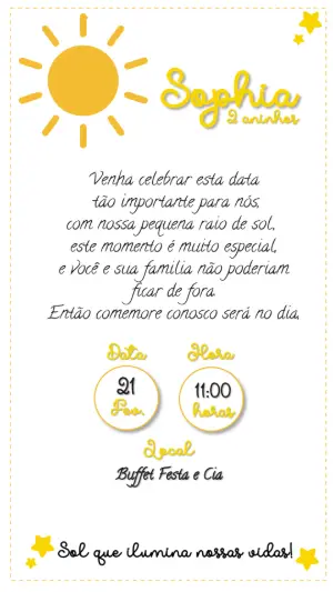 Convite de Aniversário Infantil Tema Sol Editável